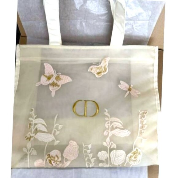 Dior Beige Large Mesh Tote & Makeup Bag Set - butterfly Floral Embroidered - Picture 3 of 6